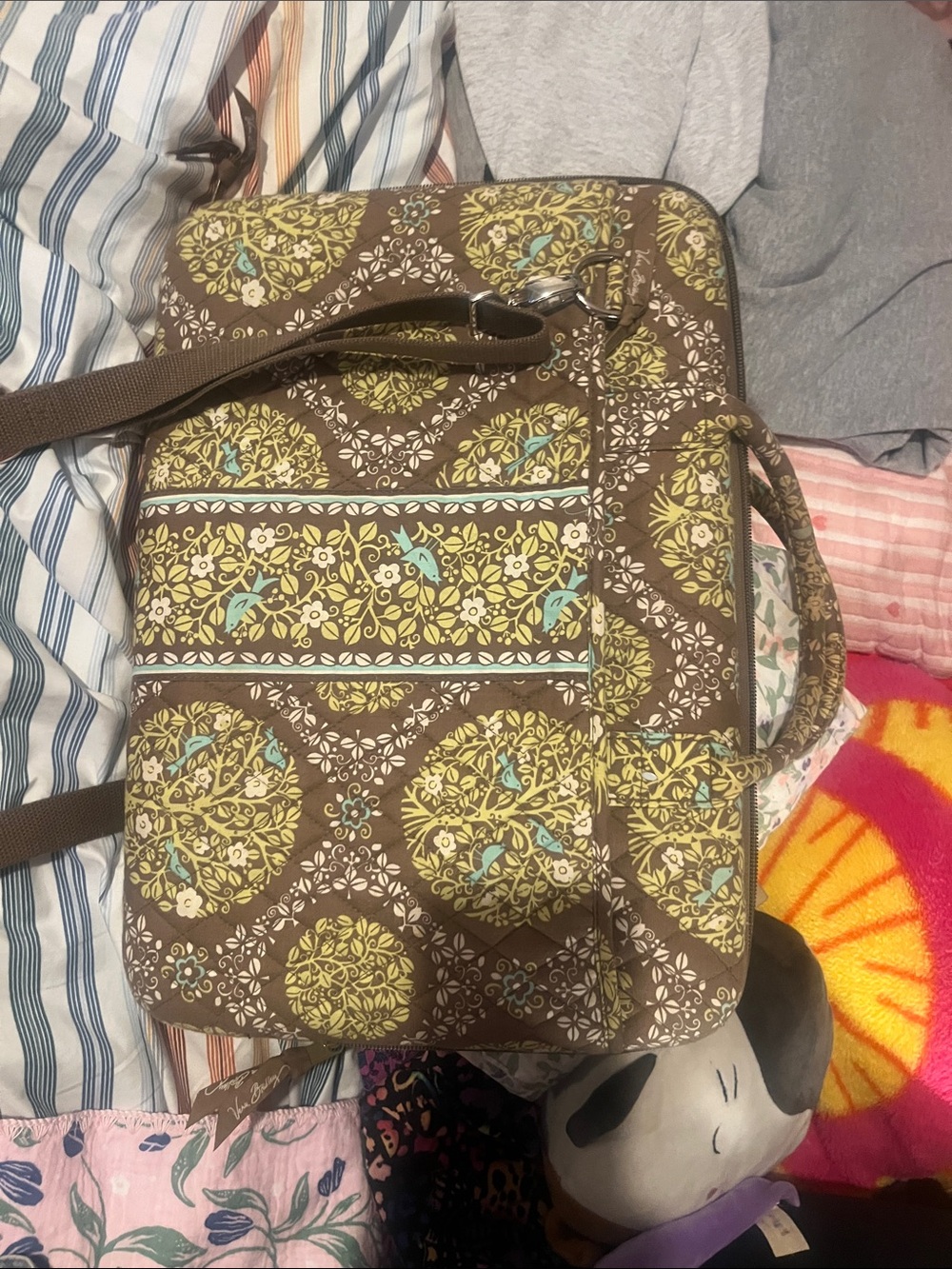 Vera Bradley Brown Quilted Laptop Tote with Yellow Floral Medallions